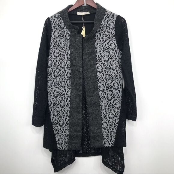 A’reve Gray Black Felted Wool Floral Lace Panel Long Sleeve Tunic Cardigan - Picture 1 of 16